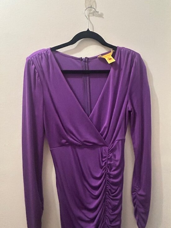 Catherine Malandrino Lush Purple Ruched V Neck Bodycon Silk Nylon Dress - Picture 6 of 16